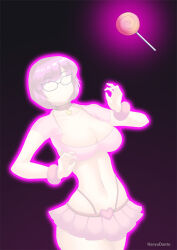 bimbofication breasts collar female_only femsub glasses glowing gradient_background hadant heart large_breasts midriff scooby-doo_(series) short_hair short_skirt signature simple_background skirt solo spiral transformation velma_dinkley watermark
