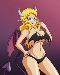 bare_legs blonde_hair blue_eyes cleavage collarbone corruption demon_girl elf_ears female_only femsub gradient_background hand_on_hip heart_eyes hourglass_figure large_breasts licking_lips long_hair looking_at_viewer mythkaz navel original panties princess_caelia_(kachopper9) simple_background smile succubus symbol_in_eyes tagme tongue underboob wings