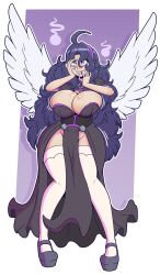  ahoge bimbofication brain_drain breast_expansion breasts cleavage corset dress drool female_only femsub goth hair_band hand_on_head hex_maniac huge_breasts knees_together nintendo no_panties pokemon pokemon_x_and_y purple_hair simple_background smile solo standing thighhighs very_long_hair wings wrenzephyr2 