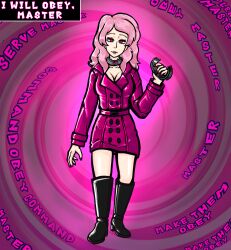  black_clover cleavage_cutout coat collar collarbone dialogue expressionless femsub glowing_eyes hypnotic_accessory jacket long_hair mamacossauro nail_polish open_mouth pink_hair red_eyes tech_control text vanessa_enoteca 