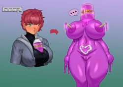 before_and_after bottomless breast_expansion breasts clothed crabhorn dialogue earrings femsub goo_girl gradient_background grimace hair_covering_one_eye huge_breasts humor hypnotic_liquid hypnotic_slime mcdonald&#039;s meme memetic_control nipples nude pussy red_hair shirt short_hair slime speech_bubble standing sweater tagme text topless yellow_eyes 