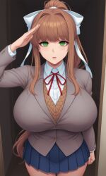 ai_art brown_hair doki_doki_literature_club drool empty_eyes expressionless green_eyes huge_breasts monika saluting school_uniform tagme