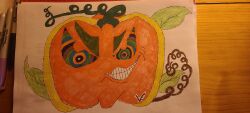  absurdres glowing_eyes pumpkin ring_eyes simple_background smile solo tagme 