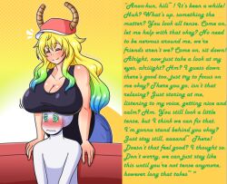  anonymous_(character) blonde_hair blush breasts caption cleavage femdom head_in_breasts huge_breasts hypnotic_breasts its_shio_(manipper) kaa_eyes linkerluis long_hair malesub manip mez_(manipper) miss_kobayashi&#039;s_dragon_maid multicolored_hair quetzalcoatl_(maidragon) skullman2033_(manipper) smile text 