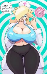 blonde_hair dialogue doodlewill femdom glasses huge_breasts large_lips leggings nintendo nurse pov princess_rosalina smile solo spiral super_mario_bros. text thick_thighs