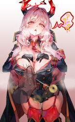 absurdres blue_archive breasts cleavage clothed coat coin confused dazed drool empty_eyes eyebrows_visible_through_hair femsub gloves gradient_background halo horns huge_breasts long_hair looking_at_viewer miwerjooggetser open_mouth panting pendulum phantom_hand pink_hair satsuki_(blue_archive) simple_background solo speech_bubble standing sweat tie weak_resistance