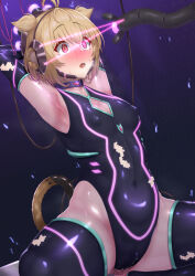  andira_(granblue_fantasy) armpits arms_above_head arms_behind_back beam bodysuit brain_injection choker cleavage cleavage_cutout erect_nipples_under_clothes female_only femsub garoo_hoshi glowing granblue_fantasy headphones heart_eyes navel open_mouth pussy_juice solo spread_legs squatting surprised symbol_in_eyes tail tech_control wires 