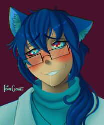  animated animated_gif blue_hair cat_girl dazed drool femsub katie_(edgeofthemoon) lab_coat open_mouth original pomegranet ponytail sweater symbol_in_eyes tech_control 