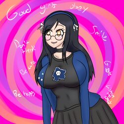  alicia_(aliciapendragon) black_hair blush breasts brown_eyes choker clothed collar color empty_eyes english_text female_only femsub glasses good_sub_conditioning happy_trance large_breasts leaning_forward long_hair open_mouth original simple_background sleepy_kai solo spiral tagme text white_skin 