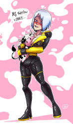 blue_hair boots breasts cleavage cow darkhatboy drool femsub happy_trance heart heart_eyes high_heels jaclyn_(corruptionprincess) large_breasts latex military_uniform open_mouth original short_hair silver_hair simple_background symbol_in_eyes thigh_boots thighhighs tights tiny_cow_(blessedbycows) white_hair