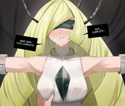  bare_shoulders blonde_hair breast_grab breasts cables clothed drool english_text eroborne expressionless femsub lusamine milf nintendo pokemon pokemon_sun_and_moon restrained simple_background speech_bubble tech_control text very_long_hair visor 
