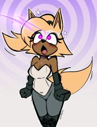 bare_shoulders blonde_hair blush breasts cleavage cleavage_cutout clothed corruption dark_skin davidthewolfx10 dazed drool female_only femsub furry gloves glowing_eyes gradient_background heart_eyes idw_comics leggings long_hair open_mouth opera_gloves ponytail purple_eyes short_hair signature solo sonic_the_hedgehog_(series) sparkle spiral_background standing standing_at_attention sweat symbol_in_eyes tail tattoo trembling whisper_the_wolf wolf_girl