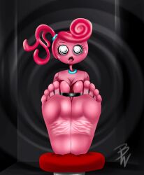 animated animated_gif dazed drool feet foot_focus mlgd29_(manipper) mommy_long_legs pink_hair pink_skin poppy_playtime restrained sitting spiral_background spiral_eyes