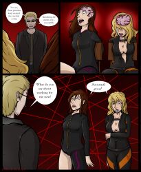  albert_wesker blonde_hair bodysuit brain brain_injection brown_hair cleavage comic drool empty_eyes femsub jessica_sherawat maledom open_mouth parasite pussy_juice rachel_foley red_arin resident_evil short_hair sunglasses text worm x-ray 