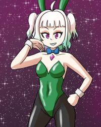  ahoge bare_shoulders breasts bunny_ears bunny_girl bunnysuit choker clothed costume crystal cuffs evil_smile eye_color_change eyeshadow fake_animal_ears female_only femdom femsub green_hair hair_color_change hand_on_hip jewelry mint_fantome multicolored_hair mythkaz original pink_eyes pink_hair possession pream_(hypnolandom) short_hair slit_pupils smile sparkle tight_clothing virtual_youtuber white_hair 