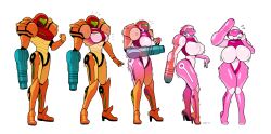  armor ass ass_expansion before_and_after bimbofication blackshirtboy breast_expansion breasts clothed dildo erect_nipples_under_clothes female_only femsub high_heels large_hips metroid_(series) nintendo samus_aran sex_toy simple_background standing surprised transformation white_background 