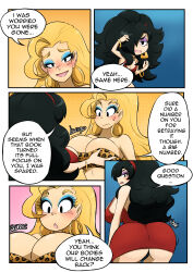 black_hair blonde_hair comic dress earrings kobi94 large_ass large_breasts leopard_print long_hair makeup original text transgender tube_top