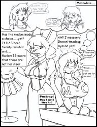 blush bra breasts bunny_girl cheerleader cleavage comic cow_girl crazycowproductions erect_nipples femsub furry greyscale holly_(crazycowproductions) horns large_breasts long_hair monochrome open_mouth original story text thought_bubble traditional underwear