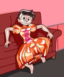  brown_hair bulge couch disney doll dollification male_only malesub marco_diaz princess_marco shennanigma short_hair simple_background smile star_vs_the_forces_of_evil tagme transformation 