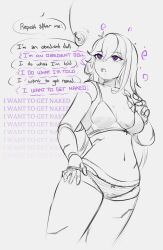  ahoge bare_legs blush bra cleavage coin collarbone doll doll_joints dollification drool eyebrows_visible_through_hair female_only femsub hand_on_hip kicks legs long_hair mantra navel open_mouth original panties pendulum purple_eyes simple_background solo spiral_eyes text underwear undressing undressing_command white_background 