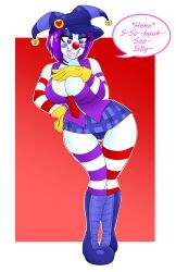 absurdres alternate_color_scheme alternate_hair_color breasts clown female_only femsub gloves happy_trance hat kobi94 large_breasts laughing marie_(persona_4) panties persona_(series) persona_4 persona_4_golden purple_eyes purple_hair ring_eyes skirt solo text thighhighs underwear