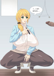  blonde_hair breasts curvy ellen_baker english_text femsub green_eyes huge_breasts large_breasts new_horizon_textbook pendulum penis rex_(systembest) squatting text thick_thighs thighs 