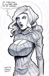  breasts cleavage cleavage_cutout curly_hair empty_eyes female_only femsub greyscale large_breasts long_hair open-chest_sweater open_mouth original shono sketch text 