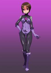  alternate_costume before_and_after bodysuit boots brown_eyes brown_hair cameltoe empty_eyes evil_smile eyelashes female_only femsub gloves gradient_background haruka_hikari latex leotard lipstick looking_at_viewer makeup megaman_(series) megaman_battle_network ochiman1919 purple_eyes rubber short_hair simple_background smile solo symbol tech_control 