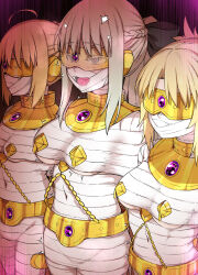 blonde_hair blue_eyes bondage breasts chains collar corruption eye_mask fate/grand_order fate_(series) hair_ribbon jewelry kusayarou mordred_(fate) morgan_le_fey_(fate) mummification nipple_weights open_mouth pasties ponytail ribbon saber_alter smile standing_at_attention sweat white_hair