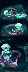  absurdres black_sclera breasts brushie_art character_request comic control_indicator corruption english_text eye_color_change femsub green_eyes hair_color_change heterosexual league_of_legends midriff navel neeko_(league_of_legends) on_back original pale_skin ruination shapeshifter tagme tail text white_hair 