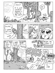  angry aware blush braid cap catalepsy clothed comic elf elf_ears female_only femsub hoodie humor lena_(sleepymaid) long_hair original outdoors pants shirt shoes short_hair sleepymaid smile solo spider tank_top tattoo text trees 