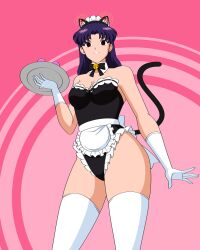  antenna apron bell_collar bottomless bow breasts cat_ears cat_tail collar empty_eyes fake_animal_ears female_only femsub gloves happy_trance hypnotic_accessory jimryu lace large_breasts leotard maid maid_headdress misato_katsuragi neon_genesis_evangelion purple_hair smile tail tech_control thighhighs tray 