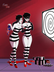 absurdres beret black_hair breasts choker cleavage collarbone dress earrings eye_mask female_only femdom femsub high_heels hypnotic_screen koari_zue leotard lipstick makeup mime mimestress_(sumdudehere) miss_britain monitor necklace original red_background red_lipstick signature spiral_eyes spiralwash_eyes standing super_hero thighs western white_skin