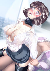 arms_behind_back bangs blush brown_hair cleavage clothed_sex collar cum cum_in_mouth cum_on_body cum_on_breasts cum_on_clothes cum_on_face cum_on_hair femsub garter_straps hadant heart heart_eyes large_breasts latex maledom nabiki_tendo office_lady open_clothes open_mouth pink_eyes ranma_1/2 sex shirt short_hair skirt straight-cut_bangs symbol_in_eyes thighhighs