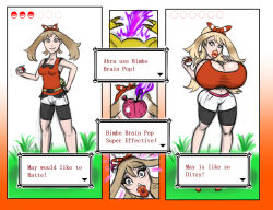  abra age_progression before_and_after bimbofication blonde_hair bradtanker3 brain_drain breast_expansion breasts brown_hair cleavage drool femsub gameplay_mechanics huge_breasts huge_lips large_breasts may nintendo pokeball pokemon pokemon_omega_ruby_and_alpha_sapphire red_lipstick text transformation 