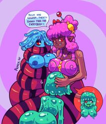  absurdres ass breasts candy cleavage coils dark_skin dialogue elf_ears erect_nipples evil_smile female_only femdom femsub goo_girl hair_ornament happy_trance hypnotic_eyes kaa_eyes large_breasts monster_girl naga_girl nipples original psyfly signature slime smile snake_girl speech_bubble sugar_(psyfly) symbol text tongue tongue_out yuri 