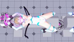  3d arms_above_head blonde_hair blush breast_sucking breasts cables chains collar corruption cuffs energy_drain exposed_chest female_only femsub gloves glowing jewelry koikatsu! koimin4 long_hair magical_girl milking_machine naomi_(koimin4) on_back open_mouth opera_gloves original restrained shoes sleeping solo spread_legs tech_control thighhighs topless visor wires 