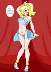 blonde_hair blush bracelet breasts crown dancer erect_nipples female_only femsub gold hair_covering_one_eye harem_outfit heart heart_eyes high_heels jewelry knees_together kobi94 large_breasts long_hair midriff navel_piercing nintendo open_mouth ponytail princess princess_rosalina solo super_mario_bros. symbol_in_eyes text underboob