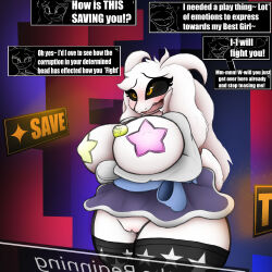 absurdres allbadbadgers asriel_dreemurr bimbofication bottomless breasts femsub frisk_(undertale) furry huge_breasts large_breasts maledom nude open_mouth skirt tagme text topless transformation transgender undertale