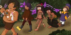  a_hat_in_time bare_shoulders barefoot black_hair character_request closed_eyes clothed dark_skin eye_color_change feet femsub forest glowing_eyes hair_covering_one_eye happy_trance harem harpy_boy hat hat_kid hypnotic_music hypnotized_walking loincloth maledom malesub midriff multiple_boys multiple_girls multiple_subs music navel outdoors phantomgline pink_eyes purple_eyes short_hair shorts smile 
