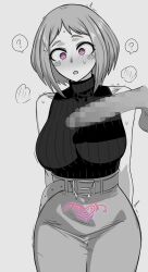 blush censored clothed confused femsub heart heart_eyes heart_tattoo huge_cock large_penis maledom my_hero_academia nude ochaco_uraraka penis ryuugu short_hair simple_background steam sweat symbol_in_eyes tattoo white_background