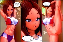  3d absurdres accidental_hypnosis altered_common_sense ass before_and_after blue_eyes booru505 bottomless breasts brown_hair femsub large_breasts midriff pussy short_shorts shorts speech_bubble sports_bra sports_briefs sportswear standing standing_split tagme tank_top text trigger unaware 