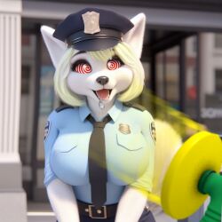 ai_art altered_common_sense blonde_hair drool female_only femsub furry happy_trance hypno_beam hypnotic_beam jimmy_neutron_(series) policewoman smile spiral_eyes thehypnopotamus wolf_girl