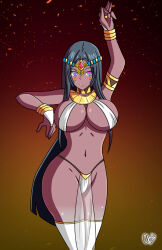 alerith alternate_costume black_hair breasts cleavage command_seal dancer dancing dark_skin fate/grand_order fate_(series) female_only femsub happy_trance harem_outfit heart heart_eyes large_breasts long_hair midriff navel scheherazade_(fate) smile symbol_in_eyes thick_thighs thighhighs thighs