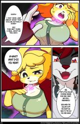  absurdres animal_crossing artifact_the_fox bad_end biting blonde_hair breasts clothed collar comic corruption dialogue dog_girl evil_smile eyelashes femsub fox_boy furry glowhorn glowing glowing_eyes green_eyes hair_ribbon hand_on_head heart isabelle_(animal_crossing) large_breasts lip_biting looking_at_viewer magic maledom nintendo open_mouth orange_eyes original pink_eyes ponytail red_hair sharp_teeth shirt shortstack simple_background size_difference smile speech_bubble surprised sweat tongue white_hair 