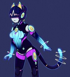animal_ears bodysuit breasts cat_girl drone expressionless female_only femsub headphones large_breasts littleinksheep lore_(littleinksheep) mask original robotization simple_background tail tech_control visor
