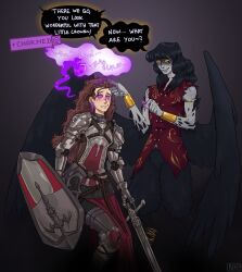  armor belt black_hair blush bottomless bracelet brown_hair charm_(spell) clothed collarbone crown earrings facial_markings femsub floating gameplay_mechanics gold grey_skin harpy_boy hypnotic_accessory inkyblobbe jewelry long_hair maledom purple_eyes shield shoulder_pads side_slits smile spiralwash_eyes sword t-shirt text yellow_eyes 