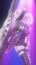  3d armor bare_shoulders before_and_after breasts fate/grand_order fate_(series) female_only femsub hair_covering_one_eye hypnotic_light koikatsu! mashu_kyrielight midriff navel open_mouth opera_gloves pink_eyes pink_hair shield simple_background solo surprised taihou1944 thighhighs thighs 