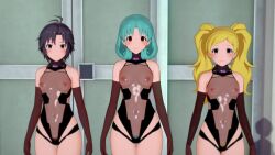  3d ahoge bare_shoulders black_hair blonde_hair blue_hair blush bottomless clothed_exposure collar cyan_hair empty_eyes expressionless female_only femsub fishnets gloves grey_eyes koikatsu! leotard looking_at_viewer multiple_girls multiple_subs navel nipples opera_gloves orange_eyes pubic_hair qr_code see-through short_hair standing standing_at_attention tattoo tech_control twintails wwww. 