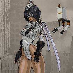  absurdres alternate_costume arm_bands black_hair blindfold bodysuit bracers breasts capcom dark_skin enemy_conversion female_only gauntlets hat leotard nier_automata pantyhose robot robot_girl shadaloo_dolls simple_background solo square_enix street_fighter sword tie victoriamikoto watermark weapon yorha_no._2_type_b yorha_no._2_type_p 